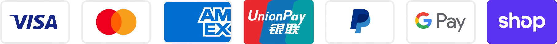 Visa, Mastercard, American Express, UnionPay, PayPal, Google Pay and Shop Pay